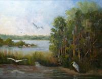 Egrets At Spruce Creek - Oil Paintings - By Beth Pendleton, Realism Painting Artist