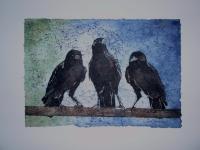 Three Old Crows - Water Color And Wax Mixed Media - By Bonnie Olendorf, Batik On Rice Paper Mixed Media Artist