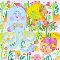 Mr Octopus - Mixed Media Paintings - By Agnieszka Korfanty, Illustration Painting Artist