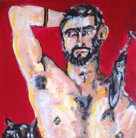 Fisherman Cat  Sardine - Acrylics Paintings - By Nelson Rocha, Portrait Painting Artist