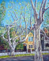 Plane Tree Of My Town - Oil On Canvas Paintings - By Bozidar Zvekan, Impressionism Painting Artist