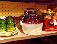 Jumble Sale Treasures - Beanpots And Teapots - Oil On Board