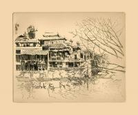 Fenghuang Artists Residence--Hunan Prov China - Drypoint Etching Printmaking - By D Matzen, Representational Printmaking Artist