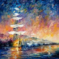 Sailboats In Sunrise  Oil Painting On Canvas - Oil Paintings - By Leonid Afremov, Fine Art Painting Artist