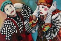 Clowns - Oil On Canvas Paintings - By Erica Laszlo, Figurative Painting Artist