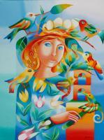 Woman With Birds - Acrylic On Canvas Paintings - By Mairim Perez Roca, Fantasy Painting Artist