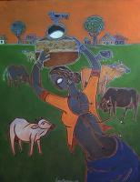 Milk-Maid - Acrylic On Canvas Paintings - By Santanu Nandan Dinda, Indian Contemporary Painting Artist