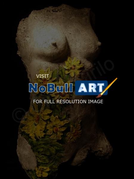 Sculpture - Nude Girl Life Size Torso With Flowers - Bronse Patina On Indoor Castin