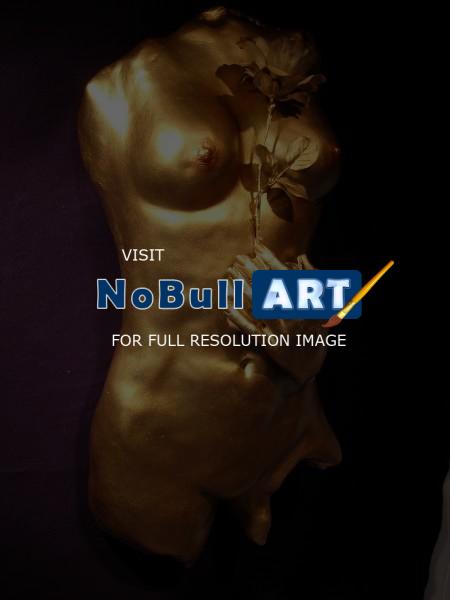 Sculpture - Nude Life Size Girls Torso With Rose - Bronse Patina On Indoor Castin