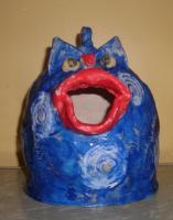 Cobalt The Cat - Clay Sculptures - By Linda Seagroves, Handbuilt Clay Birdhouse Sculpture Artist