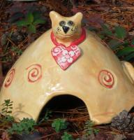 Mango The Kitty Toad House - Clay Sculptures - By Linda Seagroves, Handbuilt Toad House Sculpture Artist