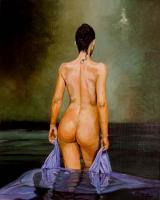 Woman At The Bath With Blue Linen - Oil On Canvas Paintings - By Martin Alain, Figurative Painting Painting Artist