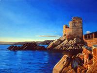 Sunset On The Genovese Tower Of Erbalunga In Corsica - Oil On Canvas Paintings - By Martin Alain, Figurative Painting Painting Artist