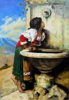 Figures - Roman Peasant Girl Drinking From The Fountain - Oil On Canvas