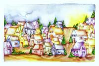 Chevron Village I - Watercolor Paintings - By Janis Artino, Fantasy Painting Artist