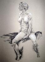Nude With Drapery - Compressed Charcoal And Conte Drawings - By Marissa Girard, Realism Drawing Artist