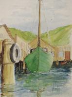 Sea Scapes - Green Sail Boat - Watercolor