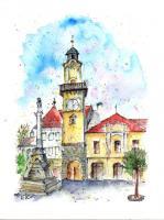 Clock Tower In Banska Bystrica - Watercolor Paintings - By Erika Kohutovic, Landscape Painting Artist