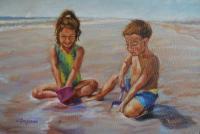 Little Buddies At The Beach - Oil On Canvas Paintings - By Rosamalia Bujase, Impressionism Painting Artist