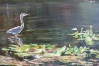 Animals - Egret In The Lake - Oil On Canvas