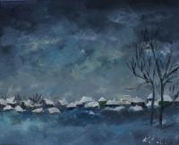 In The Dark - Covered With Snow In The Village - Oil On Canvas