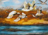 Marsh Flight - Water Color Paintings - By Min W, Wild Life  Nature Painting Artist