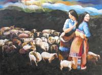 Shepards Of Lambs - Oil On Canvas Paintings - By Min W, Traditionallandscape Painting Artist