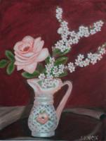 Rose And Apricot Blossoms - Oil On Canvas Paintings - By Joanne Knox, Originals Painting Artist