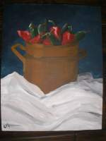 Peppers And Pot - Acrylic Paintings - By Celine Maublanc, Classic Painting Artist