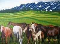 Mountains Horeses Landscape - Horses In Yellow Stone Montana - Oil On Canvas