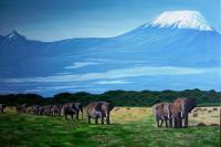 Glacier Mountain Elephants Afr - Amboseli National Park Kenya - Oil On Canvas