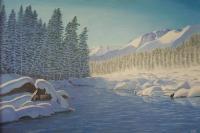 Mountains Winter West River La - Winter In Wyoming - Oil On Canvas