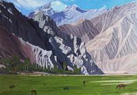 Mountains Horeses Landscape - The Pamir Mountain Afghanistan - Oil On Canvas