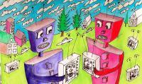 Robots And Tvs With The Talking Heads - Pen Watercolor Drawings - By Eric Kovalsky, Postmodern Drawing Artist