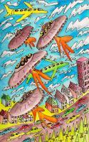 Ufo Formation - Pen Watercolor Colored Pencils Mixed Media - By Eric Kovalsky, Postmodern Pop Mixed Media Artist