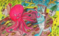 Robot Vs Giant Octopus - Pen Watercolor Colored Pencils Drawings - By Eric Kovalsky, Postmodern Drawing Artist
