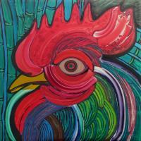 Head Of Rooster To Fabelo - Acrylics Paintings - By Jose Miguel Perez Hernandez, Figurative Painting Artist