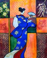 Japan Geisha Kimono Colorful Decorative Painting Ethnic Gift - Acrylic On Canvas Paper Paintings - By Manjiri Kanvinde, Realism Painting Artist