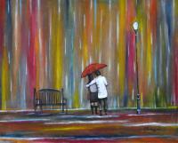 Love In The Rain Colorful Romantic Painting - Acrylic On Canvas Paper Paintings - By Manjiri Kanvinde, Romantic Paintings Painting Artist