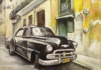 Black Cadillac-Old Havana - Oil On Canvas Paintings - By Tomas Castano, Realistic Painting Artist