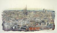 Barcelona Panoramic - Oil On Paper Paintings - By Tomas Castano, Impresionista Painting Artist