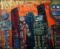 They Live - Original Robots Outsider Raw Fantasy Art Ebsq - Mixed Media Paintings - By Laura Barbosa, Outsider Art Painting Artist