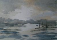 Lake And Boats 4 - Watercolour Paintings - By Brian Goodacre, Impressionist Painting Artist