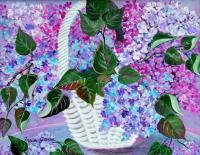 Basket Of Lilacs - Acrylic Paintings - By Fram Cama, Still Life Painting Artist
