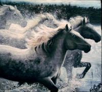 Horses Running In Water - Oils On Slate Paintings - By Karen Cortese, Realism Painting Artist