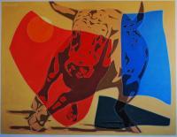 Running Bull - Oil On Linen Paintings - By Varvara Varvara, Pop-Art Painting Artist
