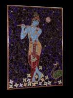 Krishna The Blue Boy With Flute And Peacock - Stained Glass Mosaic Paintings - By Tatiana Isotov, Glass Mosaic Painting Painting Artist