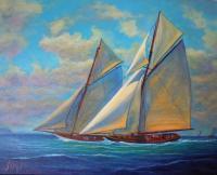 Racing Schooners - Sunny Day - Prof Qlty Oil On 3X P Cnv Paintings - By Joseph Ruff, Realism Painting Artist