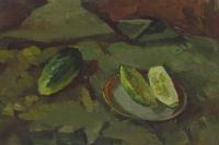 Still Life With Cucumbers - Oil On Cardboard Paintings - By Vasily Belikov, Impressionism Painting Artist