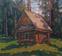 Forest Hut - Oil On Cardboard Paintings - By Vasily Belikov, Impressionism Painting Artist